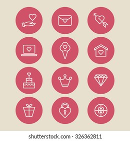 A set of vector icons, graphics for wedding, heart, hand, envelope, house, note book, ice cream, diamond, crown, box, gift, lock.
