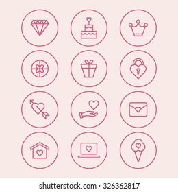 A set of vector icons, graphics for wedding, heart, hand, envelope, house, note book, ice cream, diamond, crown, box, gift, lock.