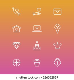 A set of vector icons, graphics for wedding, heart, hand, envelope, house, note book, ice cream, diamond, crown, box, gift, lock.