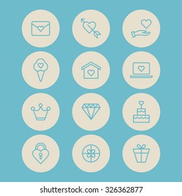 A set of vector icons, graphics for wedding, heart, hand, envelope, house, note book, ice cream, diamond, crown, box, gift, lock.