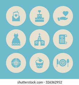A set of vector icons, graphics for wedding, wedding dress, church, letter, gift, box, cake, cook, envelope, cake, hand, love.