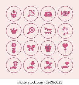 A set of vector icons, graphics for wedding, bag, cook, cake, bow, flag, note, crown, magnifier, gift, balloon, flower, ribbon, hand, clover, heart.