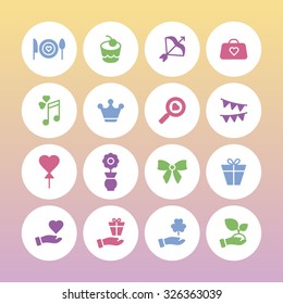 A set of vector icons, graphics for wedding, bag, cook, cake, bow, flag, note, crown, magnifier, gift, balloon, flower, ribbon, hand, clover, heart.