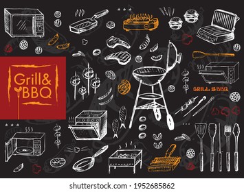 Set of vector icons. Grill and barbecue. Equipment for frying, grill, stove, microwave, pans, appliances, tongs. Food grill and BBQ, shish kebab, meat steak, fish, sausages, vegetables. Chalk drawing.