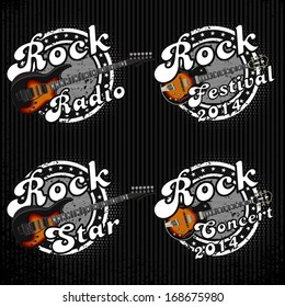 set of vector icons with guitars and various inscriptions