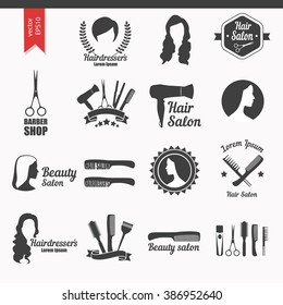 Set of vector icons: hairdresser's salon, hair care, beauty salon with scissors, hair, comb, silhouette of woman.