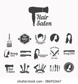 Set of vector icons: hairdresser's salon, hair care, beauty salon with scissors, hair, comb, silhouette of woman.