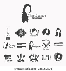 Set of vector icons: hairdresser's salon, hair care, beauty salon with scissors, hair, comb, silhouette of woman.