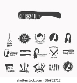 Set of vector icons: hairdresser's salon, hair care, beauty salon with scissors, hair, comb, silhouette of woman.