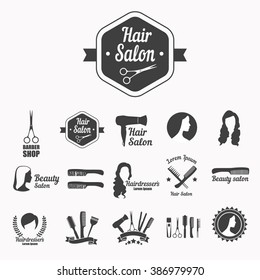 Set of vector icons: hairdresser's salon, hair care, beauty salon with scissors, hair, comb, silhouette of woman.