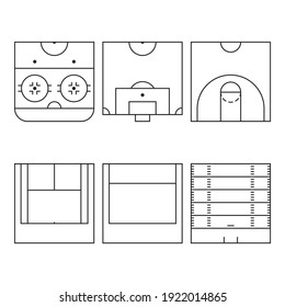 Set of vector icons of half sports fields. Outline illustrations.