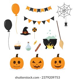 Set of vector icons for Halloween in cartoon style for greeting card, decoration. 