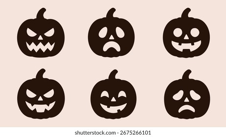 Set of vector icons of Halloween pumpkins with different emotions. Silhouette style.