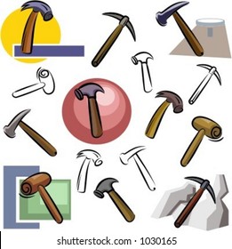 Un conjunto de iconos vectoriales de martillos en color, y representaciones en blanco y negro.
