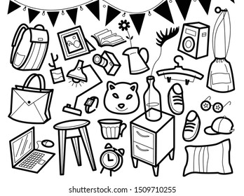 Set of vector icons  hand drawn doodle style. home accessories vector illustration.
