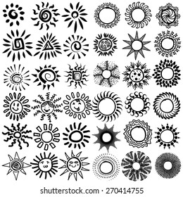 Set of vector icons. Hand drawn doodle suns. 36 items collection.
