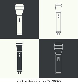Set of vector icons hand lamp. flashlight black color. 