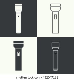 Set of vector icons hand lamp. flashlight black color. 