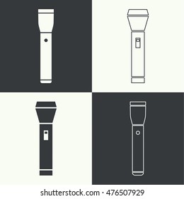 Set of vector icons hand lamp. flashlight black color. 