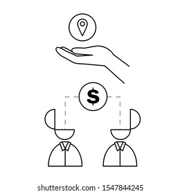 Set of vector icons with hand and location sign and two people and dollar sign.