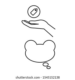 Set of vector icons with hand with price tag and speech bubble