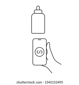 Set of vector icons with hand and sign of program code and medical bottle