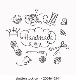 Set of vector icons. Handmade. Doodle style. Items and tools for sewing and needlework. White isolated background.