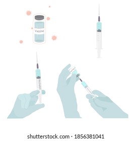 Set of vector icons. Hands in blue protect gloves with syringe. Concept of vaccination. EPS 10