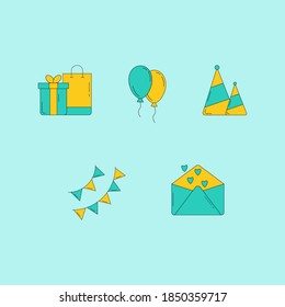 Set of vector icons. Happy holiday, birthday, party. Bright trendy colors.