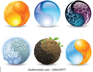 Set of vector icons of harmony symbols representing elements of earth, fire, wind, water, electricity, and fire/ice.