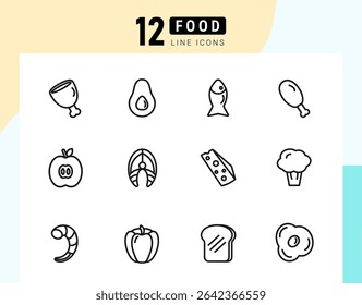 A set of vector icons of healthy food products in a linear style. Fish, meat, chicken, fruits and vegetables, for the design of the application, for the website, elements for web design.