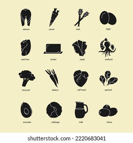 Set of vector icons of healthy, organic food. Healthy lifestyle. 16 icons. 3D icons