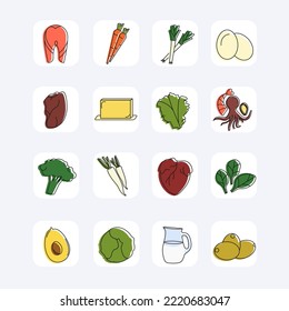 Set of vector icons of healthy, organic food. Healthy lifestyle. 16 icons. 3D icons