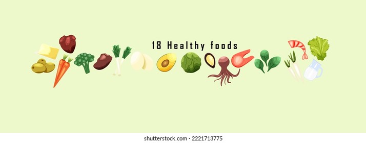 Set of vector icons of healthy, organic food. Healthy lifestyle. 18 icons.