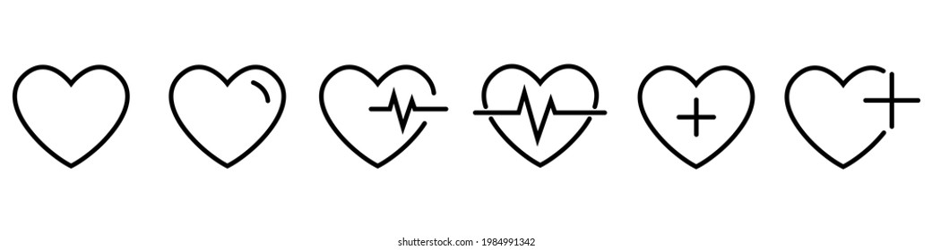 Set of vector icons of hearts of black color. Set of heartbeat icon on an isolated background of different shapes. Cardiogram heart logo symbol in linear style for your design. Vector illustration EPS