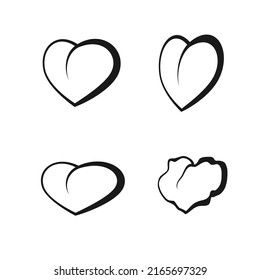 Set of vector icons of hearts of different shapes with black dynamic contours on a white background.
