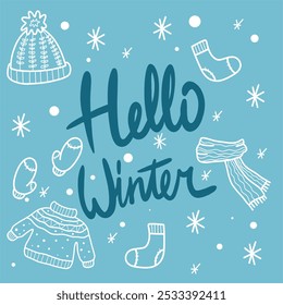 A set of vector icons "Hello winter", "Winter clothes". White stickers on a blue isolated background.