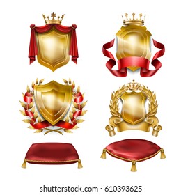 Conjunto de iconos vectoriales de escudos herálicos con coronas reales de oro aisladas en blanco. Colección de premios para ganadores de concursos, elementos de diseño para una etiqueta, certificado, diploma