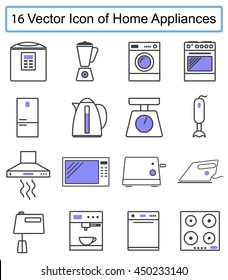 Set of vector icons of home appliances. Sixteen icons of appliances. Vector image.