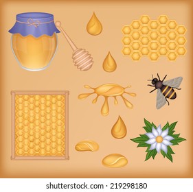 Set of vector icons (honey and honeycombs)