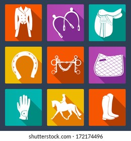 Set of vector icons with horse equipment. Equine icons, Horse riding symbols. High quality equestrian illustration. 