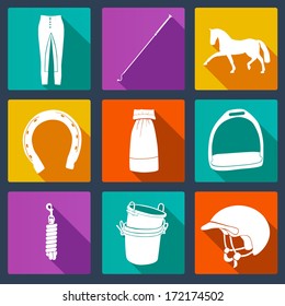 Set of vector icons with horse equipment. Equine icons, Horse riding symbols. High quality equestrian illustration. 