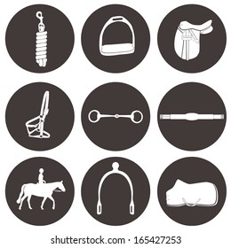 Set of vector icons with horseback riding equipment. High quality equestrian isolated elements, including saddle, rider on a horse walking, headcollar, lead, stirrups, girth, bit.