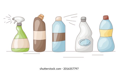 Set of vector icons of house cleaning, washing and freshness. Cartoon bottles with detergent, soap, household chemicals, washing powder.