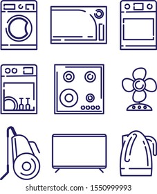 Set of vector icons of household appliances. Washing machine, dishwasher, vacuum cleaner, fan, TV, hob and oven icons. Outline illustration. Isolate. 