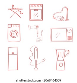 set of vector icons of household electrical appliances, refrigerator, hairdryer, stove, vacuum cleaner, blender, microwave oven, iron with ironing board.