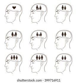 set of vector icons of  human head in profile. love, relationship, family