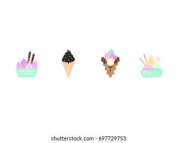 Set vector icons of ice cream. Flat style.  Waffles, black ice cream, pink, mint, vanilla, chocolate