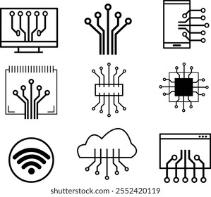 Un conjunto de iconos vectoriales que ilustran conceptos de tecnología avanzada. El diseño presenta una combinación de Elementos como un monitor con una conexión de red integrada, mostrando una interfaz digital. 