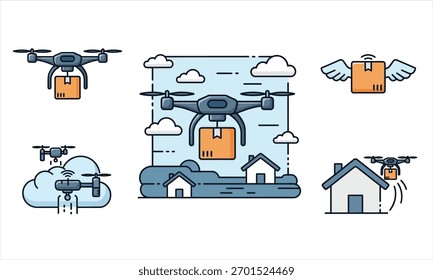 A set of vector icons illustrating drone delivery services with houses and packages.